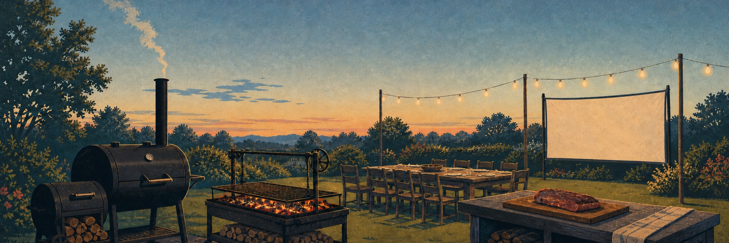 Illustration of a backyard cook line at dusk: an offset smoker and open-fire grill in front of a long table under string lights, with an outdoor movie screen beyond.